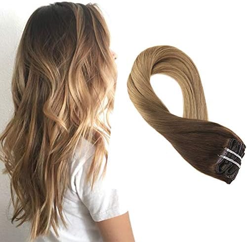 Mosoo 18 Inch Ombre Clip ins Human Hair Extensions Color #2 Fading to #27 Clip on Hair Extensions Thick Ends Brazilian Full Head Double Weft Clip in Extensions 7PCS 120G