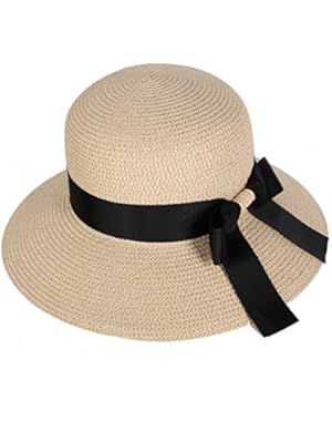 Women's Wide Brim Summer Beach Sun Straw Hat with Bowtie Ribbon