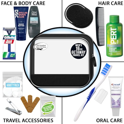 Convenience Kits International Men’s Super Deluxe, 16-Piece Kit with Travel Size TSA Compliant Essentials in Reusable Zippered Toiletry Bag