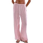 Amazhiyu Women's 100% Linen Striped Drawstring Elastic Waist Wide Leg Pants