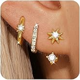 Angelady 3 Pairs Gold Hoop Earrings Set for Women, 14K Small Huggie Earring for Multiple Piercing Hypoallergenic Earring Stacks Trendy Jewelry, Dainty Sun Kite Stud Earrings for Women's Gifts