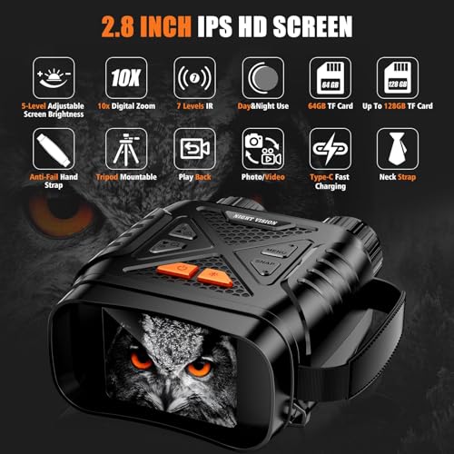 LBOYLOVE® Night Vision Goggles, 1080P HD Infrared Night Vision Binoculars for Day and Night with 2MP Photo, 10X Digital Zoom, 2.8'' HD Screen & 64GB TF Card, Suitable for Hunting, Camping & Security
