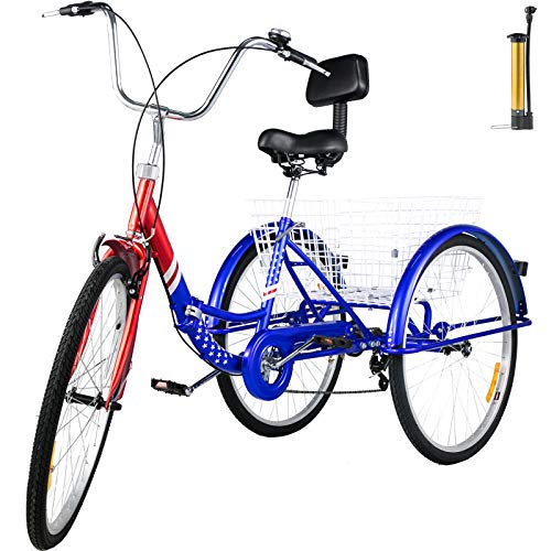 Bkisy Tricycle Adult 26” 7-Speed 3 Wheel Bikes for Adults Three Wheel Bike for Adults Adult Trike Adult Folding Tricycle Foldable Adult Tricycle 3 Wheel Bike Trike for Adults (Blue)
