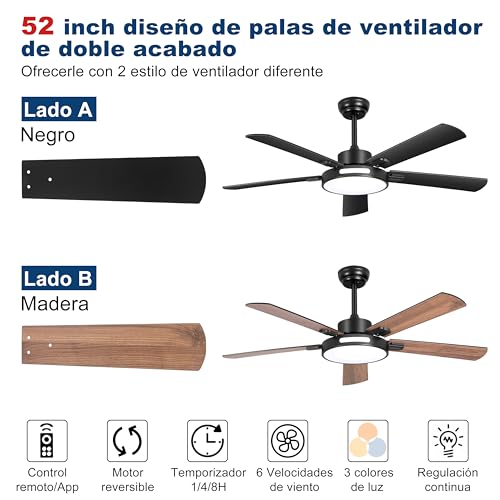 Ohniyou Ventilador de Techo con Luz y Mando a Distancia, 6 Velocidades, Luz Regulable, Motor Reversible, 52 pulgadas Ventilador de Techo Exterior de Gran Caudal de Aire para Patio Dormitorio