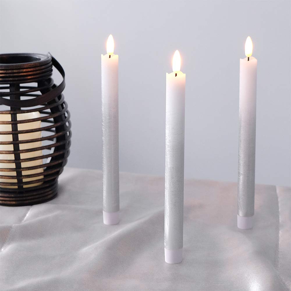 Wondise Silver Flameless Taper Candles with 6H Timer, 3D Wick LED