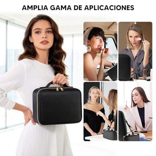 RAMSPIT Bolsa De Maquillaje Con Espejo y Led, Estuche De Maquillaje Con Lupa De 10X, Neceser Maquillaje, 3 Colores De Luz y Ajustes De Brillo, Compartimentos Ajustables DIY, Cosmetiquera De Viaje
