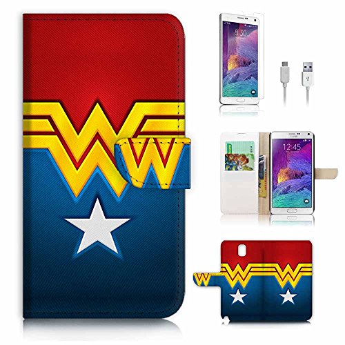 Samsung Galaxy Note 4 Flip Wallet Case Cover & Screen Protector & Charging Cable Bundle! A4268 Wonder Woman
