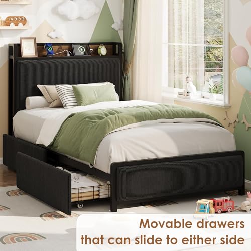 Twin Size Bed Frame with 2 Storage Drawers & USB Charging Station, Rustic Linen Upholstered Platform Bed, Heavy Duty No Box Spring Needed, Easy Assembly, Noise Free, Black