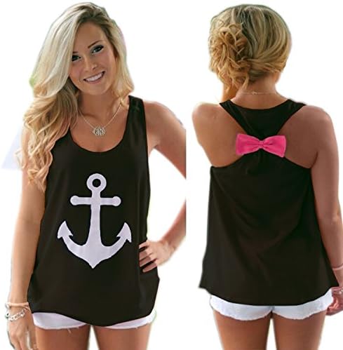TeeDoc Womens Sleeveless Hollow Out Anchor Tank Top Back Bowknot T-Shirt Blouse