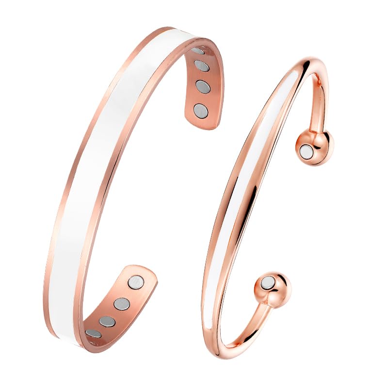 BioMag 2pcs Magnetic Copper Bracelet for Women Men Solid Copper Magnetic Bangle Adjustable to Fit Most Wrist for Men and Women (white)