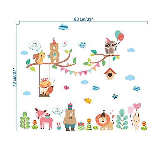 BIBITIME Animal Party Wall Decal Squirrel Bear on Tree Swing Queen Fox Balloon Raccoon Flag Branches Birdcage Butterfly Plant Flower Cake Deer Gifts Lion Heart Rabbit Vinyl Sticker for Nursery Bedroom