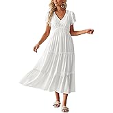 Arach&Cloz Womens 2024 Spring Summer Maxi Dress Boho Flutter Short Sleeve Tiered V Neck Ruffle Vacation Outfits Long Dresses