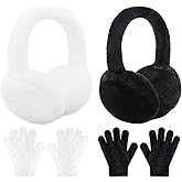 Ukontagood 4 Pcs Kids Winter Earmuffs Kid Magic Gloves Set, Plush Earmuffs and Gloves for Toddler Baby Girls 5-12 Years Old Winter Ear Warmer Set (Black+White)