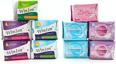 Mix Value Package - Winalite Winion Anion Sanitary Napkin ( 2x Day Use 2x Overnight + 1x Regular Panty liner ) + Prettiee Energy Sanitary Menstrual Pad ( 2x Day + 2x Night + 1x Panty liner )