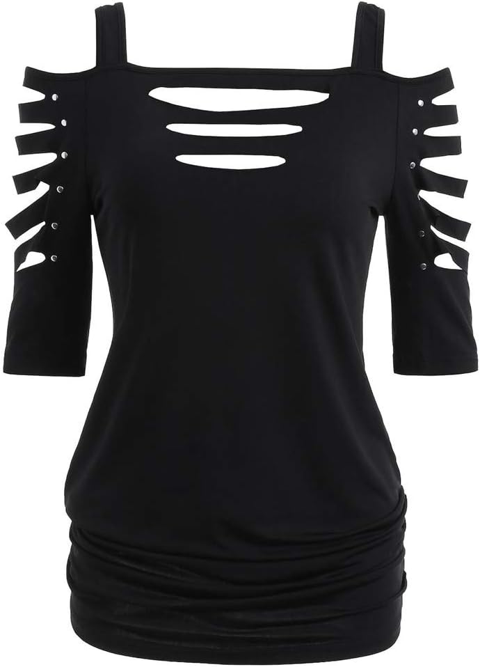 Gaddrt Tops Women's Ladies Fashion Shoulder Cut Lacerated Sleeve T-Shirt Hollow Out Casual Top