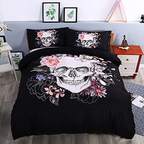 Koongso 3D Digital Print Bedding Blooming Flower and Sugar Skull Print Microfiber Duvet Cover Set