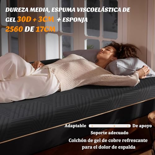 SAFONUS Colchón King Size de Memory Foam 20CM, Colchón para el Dolor de Espalda, Cama de Gel de Cobre Refrigerante en Una Caja, Firmeza Media Terapéutica, Soporte Ergonómico, 200x190cm, Negro