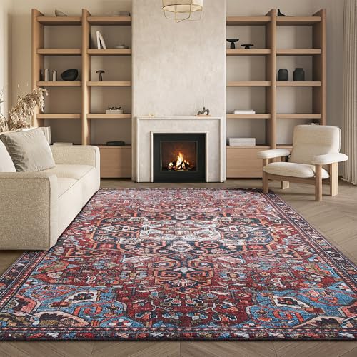 SAFAVIEH Washable Rug Tucson Collection - 6' x 9', Red & Blue, Slip Resistant &…