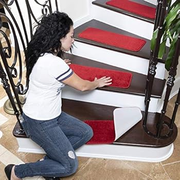 Ottomanson Softy Solid Red Set of 14 Skid Resistant Rubber Backing Non Slip Carpet (9