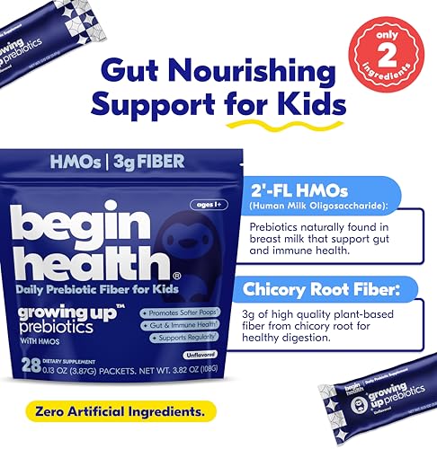 Begin Health Growing Up® Prebiotics for Kids 28-Packs | Prebiotic Soluble Powder Stool Softeners & Digestive Gut Health Supplement | Ideal to Mix with Kids Daily Beverages and Soft Foods - Unflavored