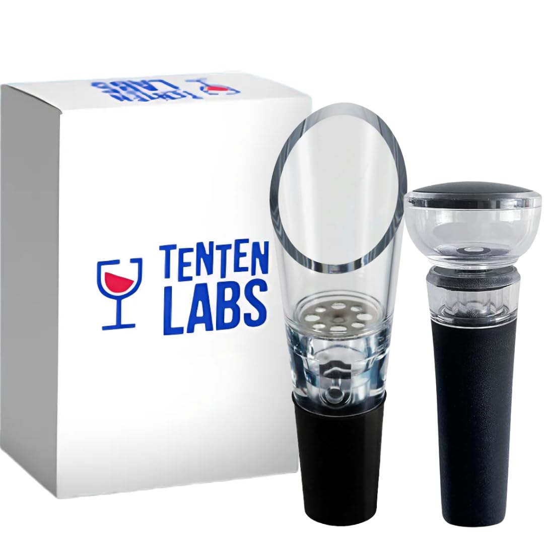 Red Wine Aerator Pourer and Wine Pump Stopper (2-Pack) by TenTen Labs - Premium Wine Decanter Set with Vacuum Bottle Stopper - Gift Box Included
