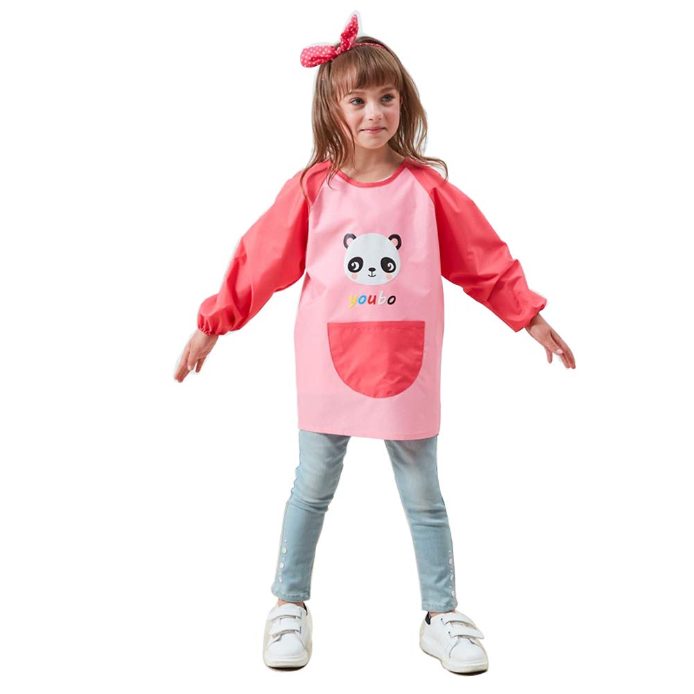 Lazzon Unisex child Long Sleeves Waterproof Smock Cartoon Art Craft Play Coverall Painting Apron, Pink, 4-8 Year