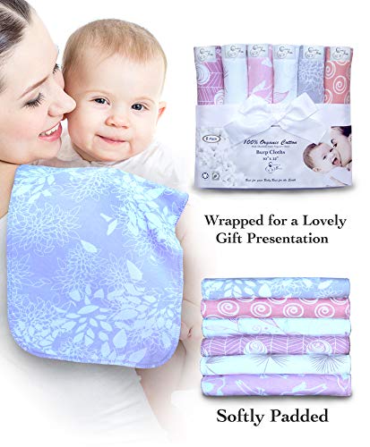 6 Pack Organic Premium Cotton Burp Cloths for Girls, Extra Large, Reversible, with 3 Layer Inner Fleece Absorbency, 10"x22", Baby Shower Gift