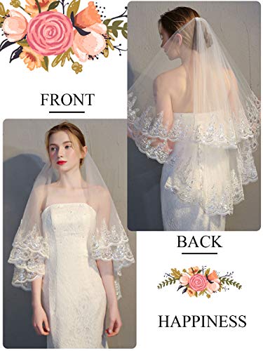 Barogirl Wedding Veil Lace Appliques 2 Tier Bridal Veil Fingertip Length with Comb (White) - Thumbnail 5