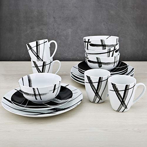 ZYAN 16 Piece Round Dinnerware Sets, Black and White Metro Stoneware