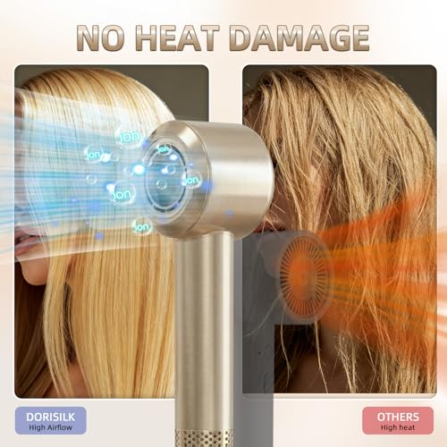 DORISILK Ionic Hair Dryer 110,000 RPM High Speed, Professional Blow Dryer for Salon Home Use, Blowout Hair Dryers Lightweight with Nozzle Hot/Warm/Cold Selection for Women Teen Girls, Champagne Gold