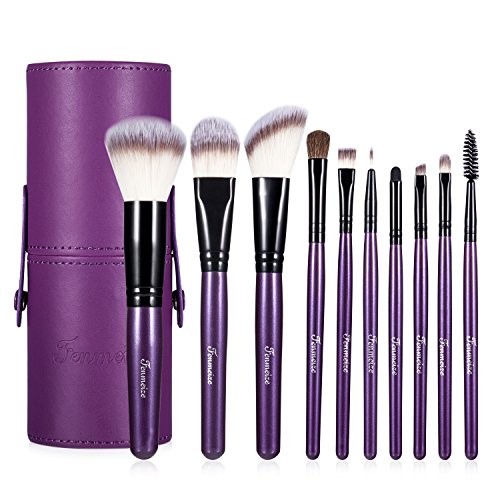 Makeup Brushes Set with Travel Bag, Purple 10 PCS Prime Professional Cosmetics Foundation Powder Brow Fan Eyeshadow Highlighter Primer Blush Concealer Face Make Up Brush with Holder Carrying Case Kit