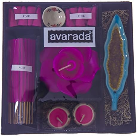 Avarada Aromatherapy Incense Gift Set - Flower candle Incense Sticks Incense Cones &amp; Ceramic Holder Pink Rose Set Flavors