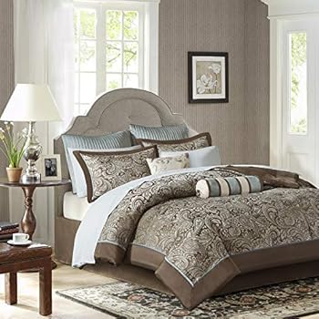 Madison Park Aubrey Queen Size Bed Comforter Set Bed In A Bag - Blue, Brown , Paisley Jacquard - 12 Pieces Bedding Sets - Ultra Soft Microfiber Bedroom Comforters