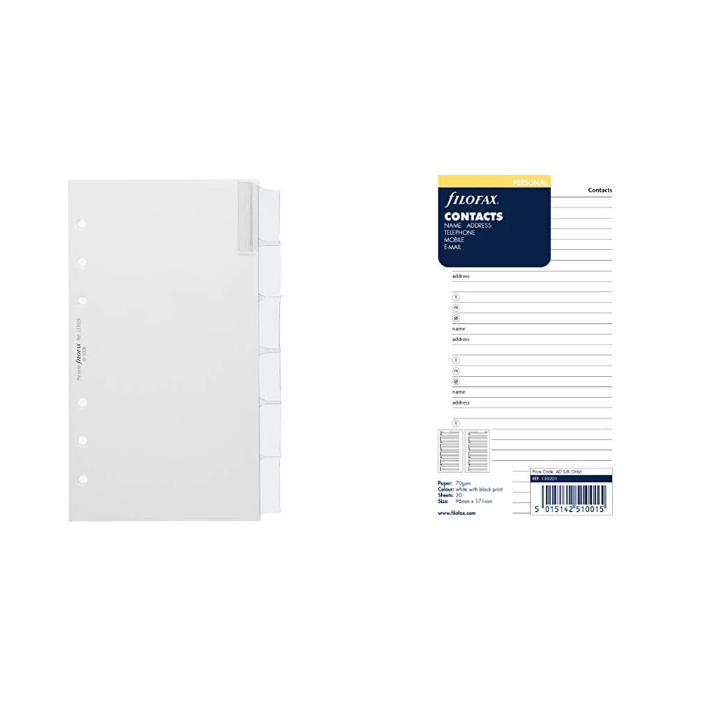 Filofax Personal Blank Index with Multi-Coloured Labels 6 Tabs - White &Personal Contacts Name/ Address/ Email/ Telephone/ Fax/ Mobile