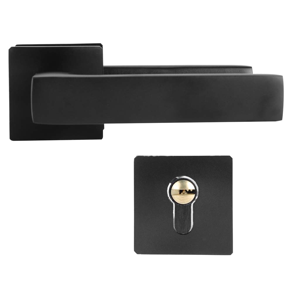 Modern Square Lock Set Handleset,Exterior Door Handle and Deadbolts Set,Adjustable Simple Black Lock Cylinder Handle Set Keyed‑Locking Door Knob Accessory
