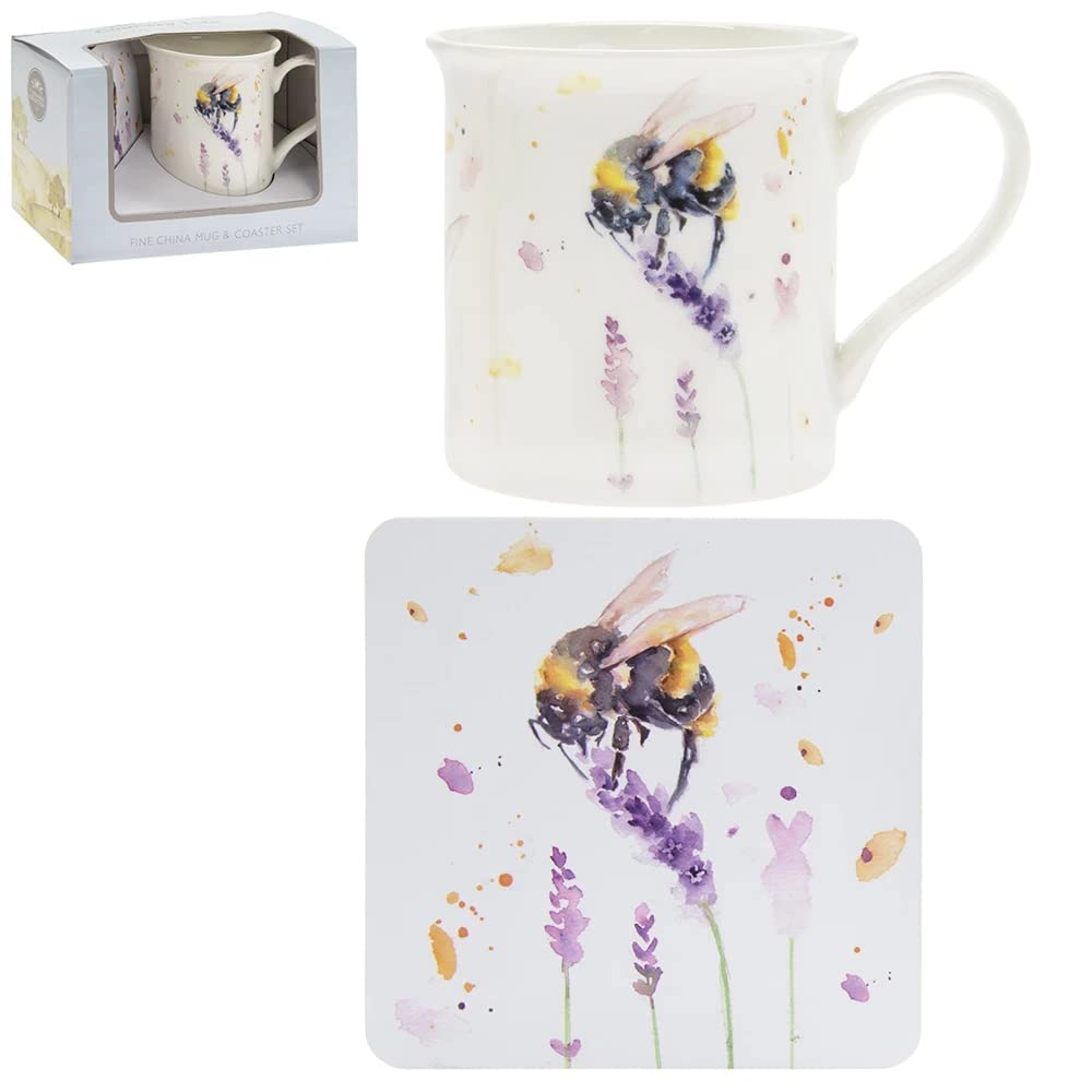 Bumble Bee on a Lavender Plant Fine China Mug & Coaster Boxed Set