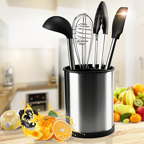Kitchen Utensil Holder, Aiduy Utensil Container Flatware Caddy Utensil Crock Kitchen Tool Organizer with Drain Holes - Premium Brushed Stainless Steel - Thumbnail 5