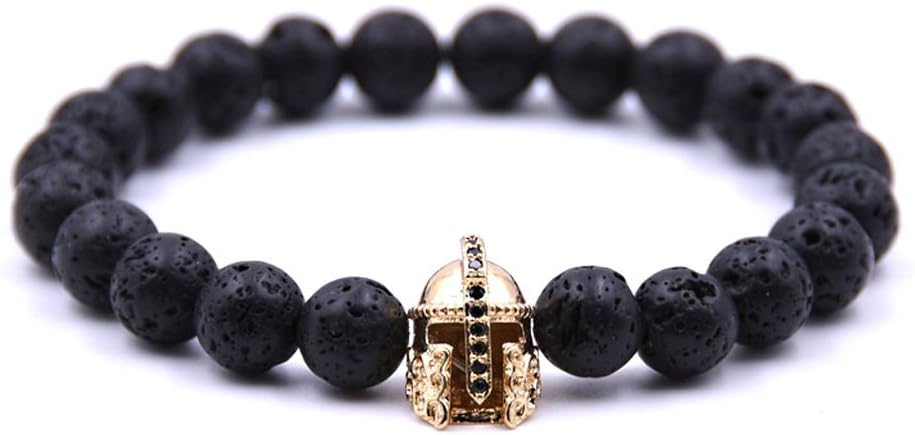 SULYSI Essential Oil Diffuser Lava Rock Bracelet for Men Women with Stainless Steel Helmet CZ Charms Elastic Bangle
