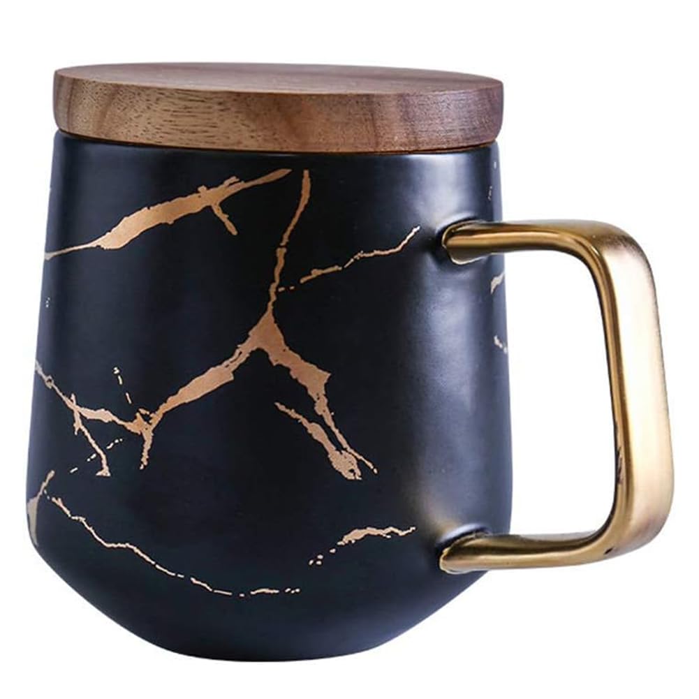 LIBFITH Coffee Mug, Tea Cup, Ceramic Cup, Gold Design with Wooden Plate (Black with Lid)