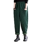 WROLEM Women Padded Quilted Pants Fall Winter Cotton Warm Casual Wide Leg Pants Elastic Waist Trousers with Pockets
