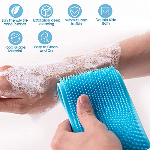 Silicone Back Scrubber for Shower, Exfoliating Lengthen Silicone Bath Body Brush, Easy to Clean, Lathers Well, Eco Friendly, Long Lasting, Comfortable Massage for Shower(Blue)
