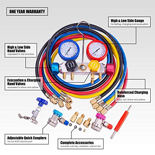 image for BACOENG Pro 4 Way AC Diagnostic Manifold Gauge Complete Set for R134A 