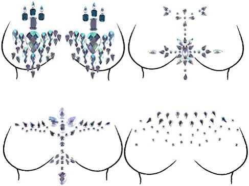 AiQueen 4 Sheets Rhinestone Body Jewelry Sticker Breast Jewels Tattoo Crystal Chest Nipple Sticker Gem Stones Bindi Temporary Stickers