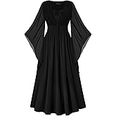SCARLET DARKNESS Renaissance Dress Women Bell Sleeve Fairy Dresses Witch Costume Split Maxi Dress with Pockets