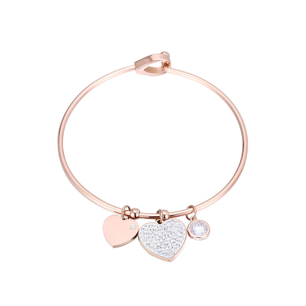 Heart pendent bracelet for women, with dazzling cubic zircon, hypoallergenic stainless steel fashion jewelry, adjustable wide cuffs, suitable for girls’ birthday gifts