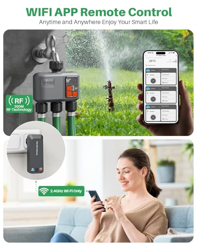 Smart WiFi Water Timer 3-Zone, Sprinkler Timer with with 984 Feet RF Gateway, 3 Outlets Hose Timer with Rain Delay, Wireless Irrigation Timer with Automatic/Manual for Garden/Lawn