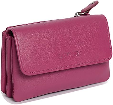 Womens Luxurious Leather Flapover Coin Purse | Designer Ladies Triple Gusset Change Pouch with Zip |Gift Boxed - Magenta
