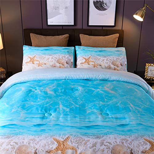 Bohemian Comforter Set Queen Blue ,Coastal Ocean Themed Quilt,Lightweight Microfiber Bed Comforter Sandy Beach Starfish…