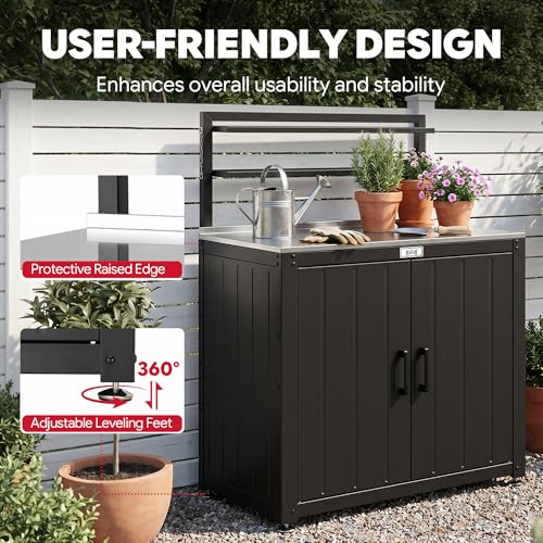 FEASTO Outdoor Potting Bench Table with Storage Cabinet, Stainless Steel Garden Workstation with Raised-Edge Top, Adjustable Shelf & Removable Hutch, Potting Table for Patio, Black/Coffee | Stainless Steel Garden Workstation, Raised-Edge Top, Adjustable Shelf & Removable Hutch, Patio, Balcony & Outdoor Workspace