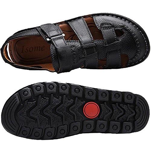 JIONS Closed Toe Leather Fisherman Sandals for Men, Men's Casual Outdoor Adjustable Strap Summer Shoes (9.5 D(M) US, Black)